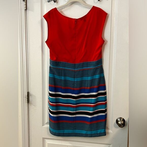 Alyx Faux Wrap Dress striped women’s size 14 EUC orange blue white - Picture 2 of 15